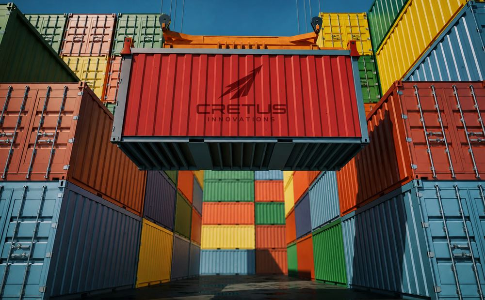 Cretus Innovations branded shipping container being loaded