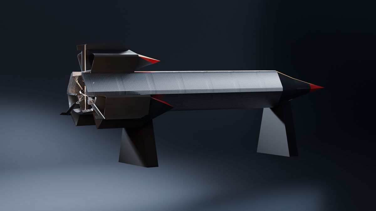 Studio render of the Bee-MX in cruise configuration, three-quarter rear view showing the ramjet nacelles and the knurled hexagonal airframe