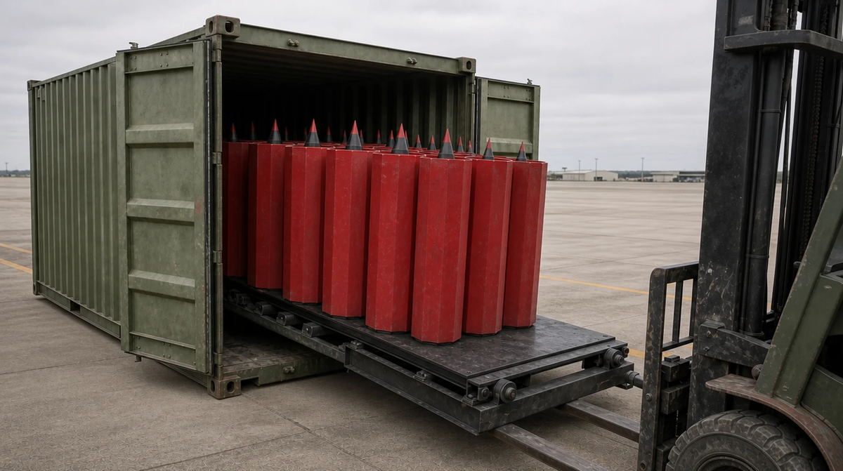 Loaded Bee-MX launch rack being withdrawn from a 40-ft ISO container on an airfield apron by a standard forklift