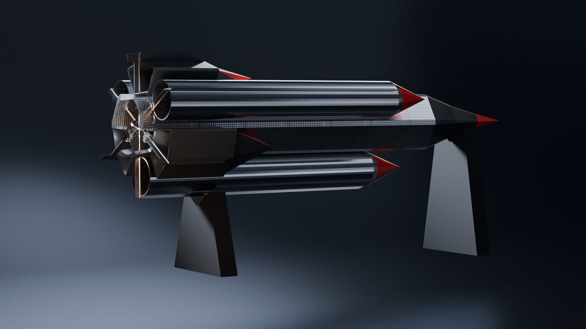 Studio render of the Bee-MX in launch configuration, three-quarter rear view with boosters fitted alongside the hexagonal airframe
