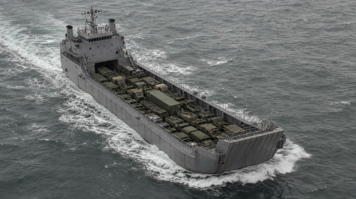 Aerial view of a military logistics support vessel underway at sea with a fully loaded vehicle deck including a standard shipping container