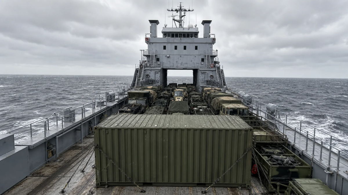 Deck-level view along a logistics support vessel at sea showing a standard 40-ft container stowed and chained forward of the vehicle deck