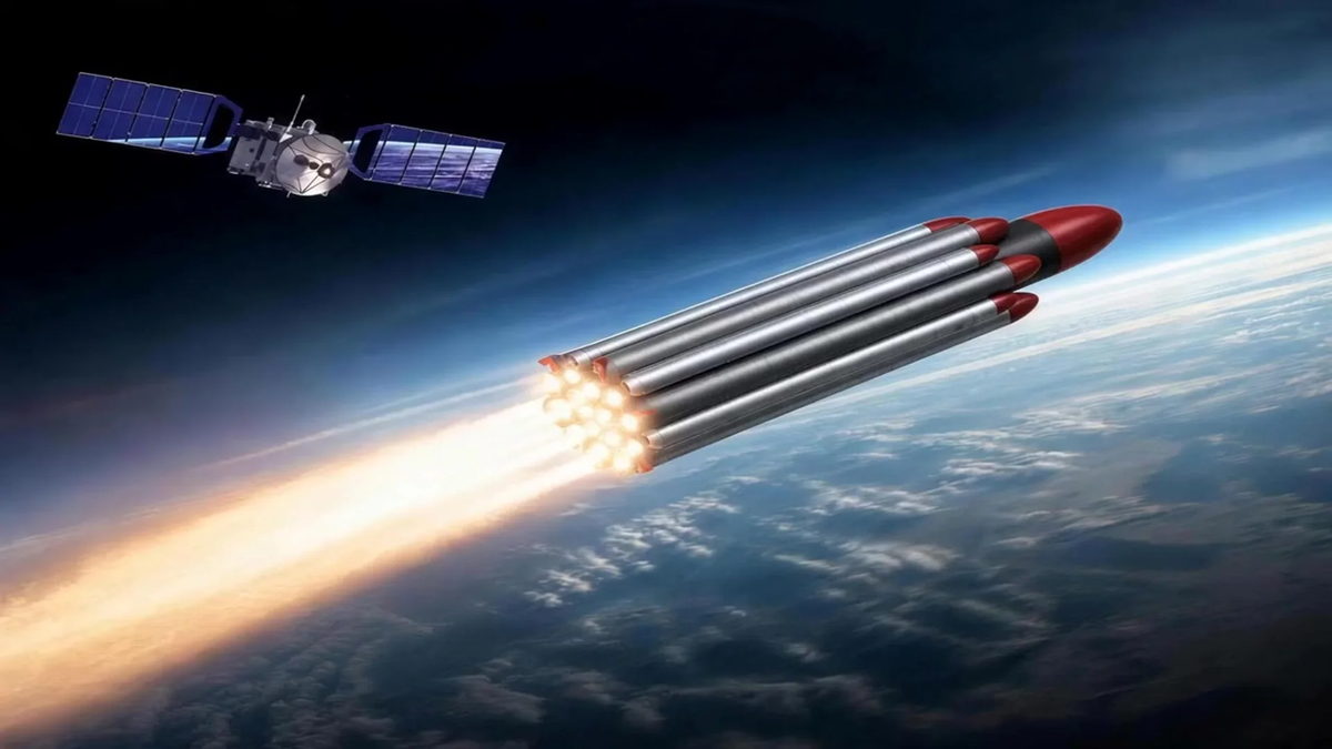 Bee-SL launch vehicle under power above the atmosphere, climbing away from Earth with a small satellite deployed nearby