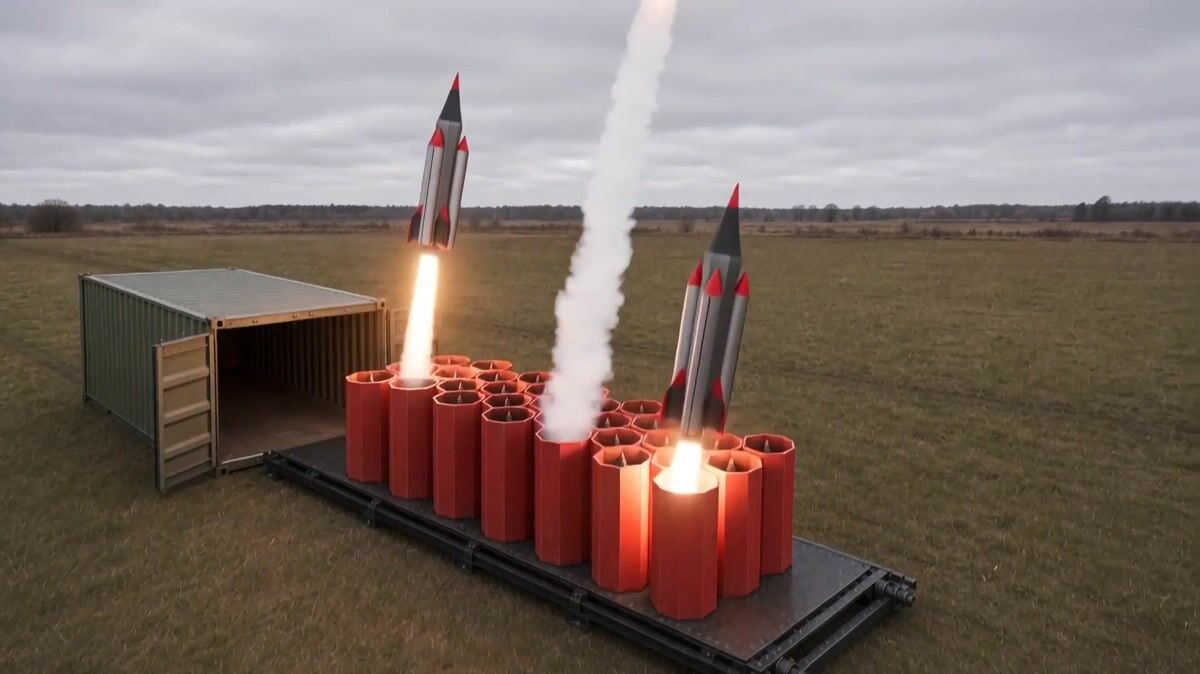Bee-MX concept film: three missiles launching from the extended hexagonal launch rack beside an open 40-ft ISO container in an open field